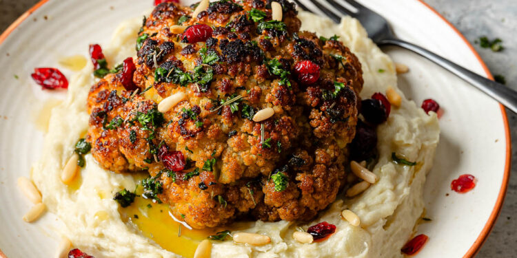 Whole Roasted Cauliflower with Rustic Herb Sauce