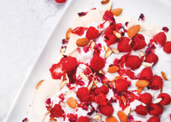 Vegan Raspberry, Almond and Rose Pavlova Traybake